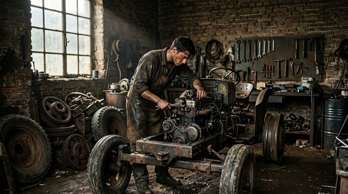 Mecánico italiano de posguerra construyendo un tractor agrícola con piezas militares recicladas en un taller rústico.