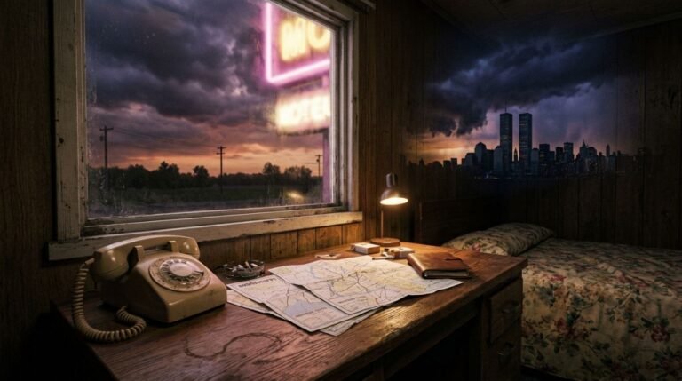 Escritorio de motel de los años 80 con teléfono antiguo y vista de rascacielos al fondo, simbolizando los inicios de WorldCom
