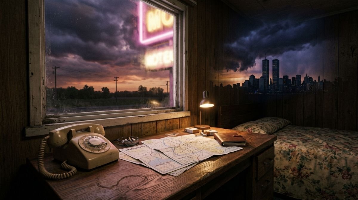 Escritorio de motel de los años 80 con teléfono antiguo y vista de rascacielos al fondo, simbolizando los inicios de WorldCom