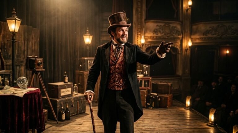 Retrato de un presentador de espectaculos del siglo XIX en un escenario iluminado por lamparas de gas para ilustrar a P.T. Barnum