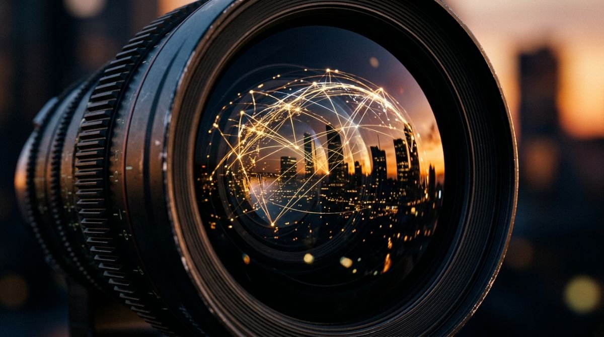 Primer plano de un lente de cámara fotográfica reflejando una red de conexiones globales y edificios corporativos en tonos dorados.
