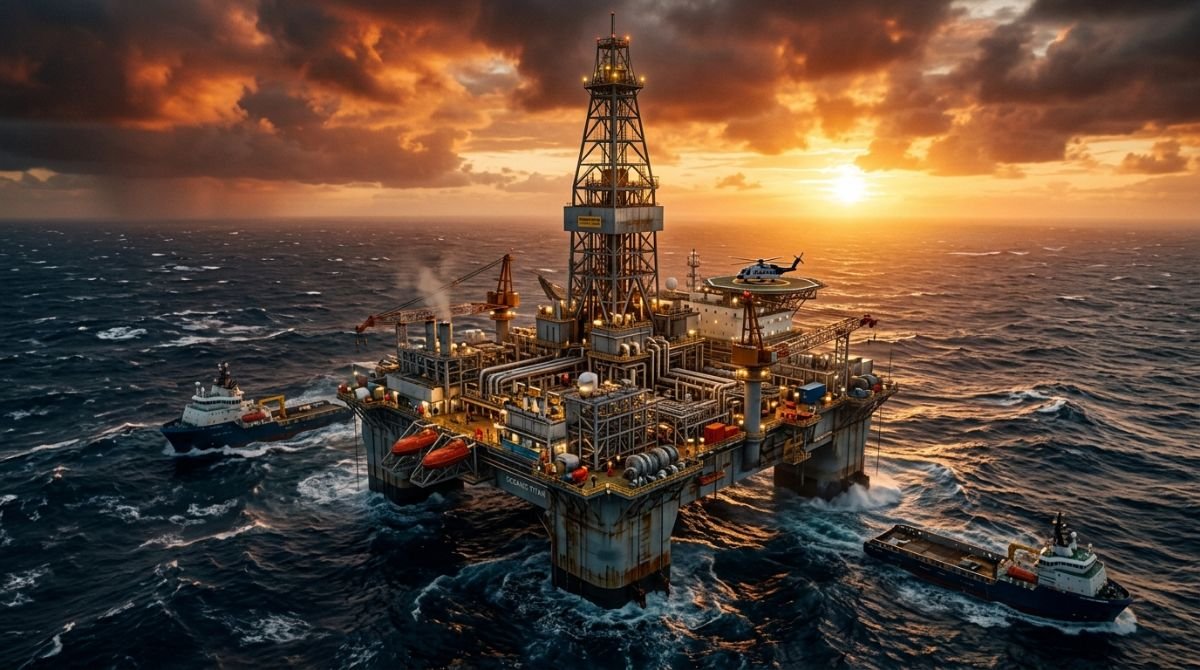 Plataforma de perforacion petrolera en aguas ultraprofundas en medio del oceano al atardecer