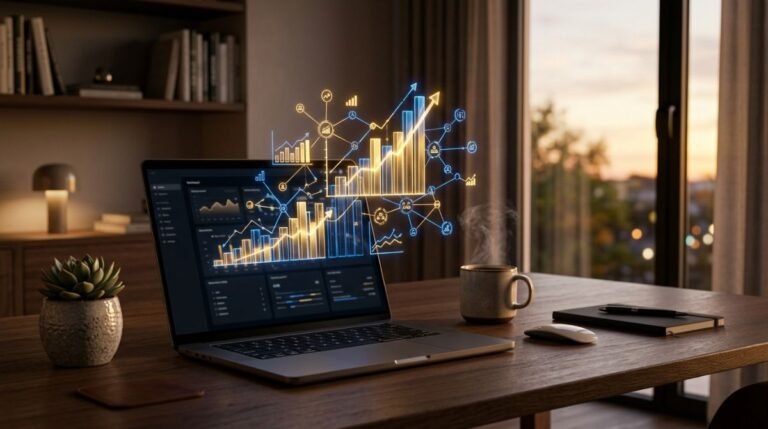 Escritorio moderno con ordenador portátil mostrando gráficos interactivos en 3D de crecimiento financiero para monetización de blogs y marketing de afiliación.