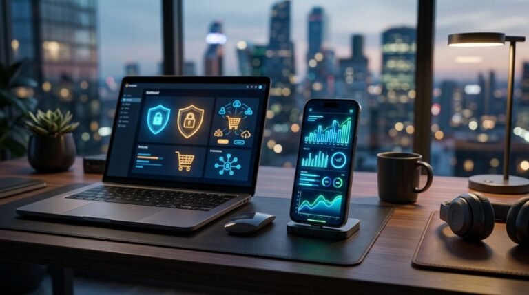 Dispositivos moviles y portatiles mostrando interfaces de pago seguro y analisis financiero para comercio electronico.