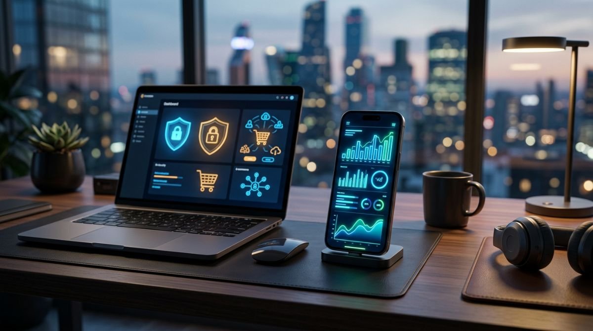 Dispositivos moviles y portatiles mostrando interfaces de pago seguro y analisis financiero para comercio electronico.