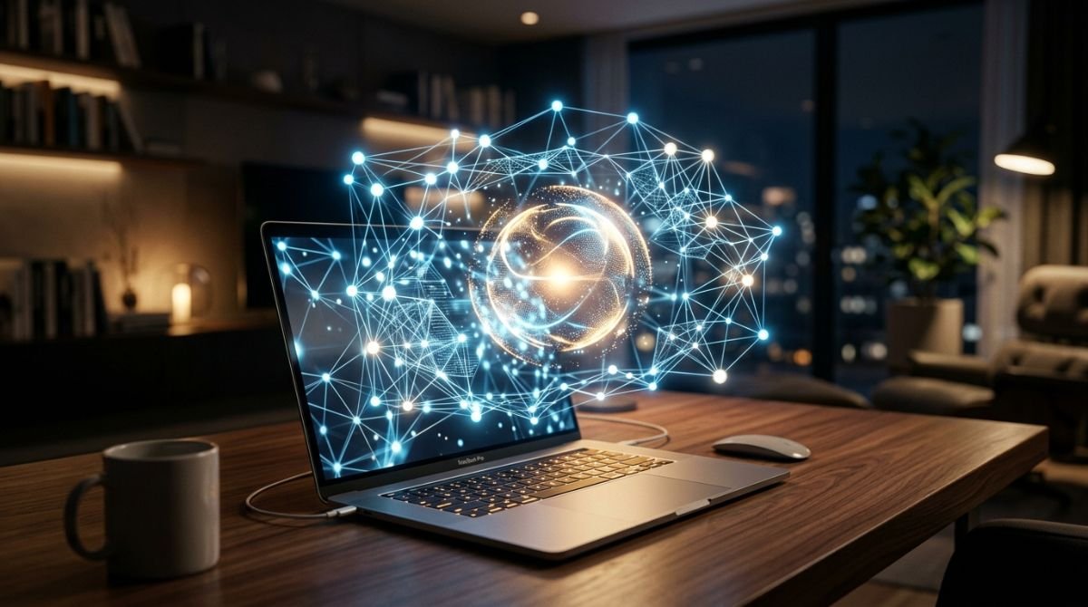 Representación visual de un chatbot holográfico interactivo emergiendo de una computadora portátil en una oficina moderna.
