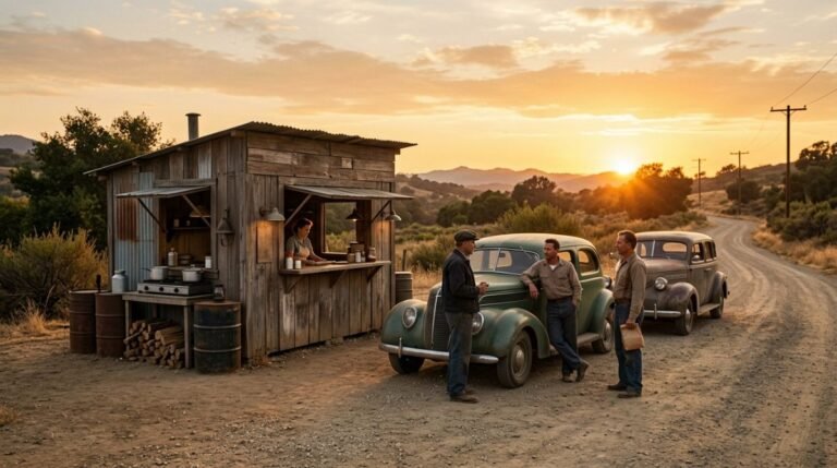 Puesto de comida rapida clasico en una carretera de California en la decada de 1940 con coches antiguos bajo el atardecer