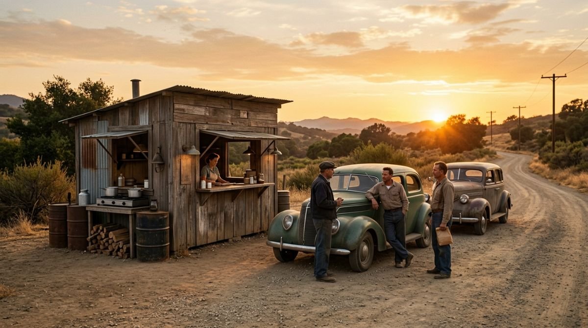 Puesto de comida rapida clasico en una carretera de California en la decada de 1940 con coches antiguos bajo el atardecer