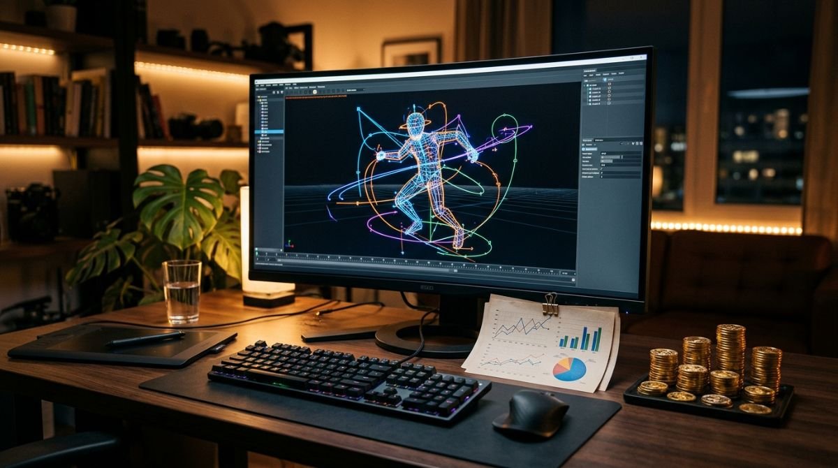 Escritorio de trabajo digital con diseño de animación 3D y gráficos financieros que representan el retorno de inversión y la rentabilidad de los videos animados corporativos.