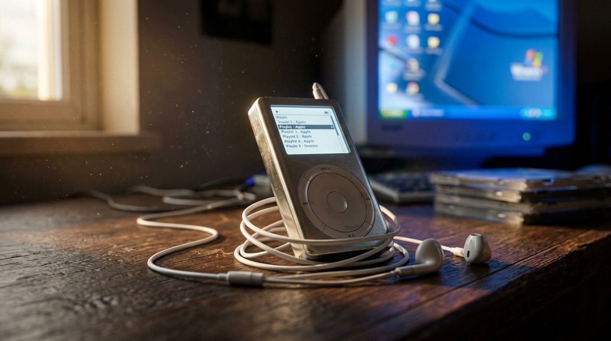 Reproductor de música digital retro de los años 2000 con auriculares de cable blanco sobre un escritorio de madera iluminado.