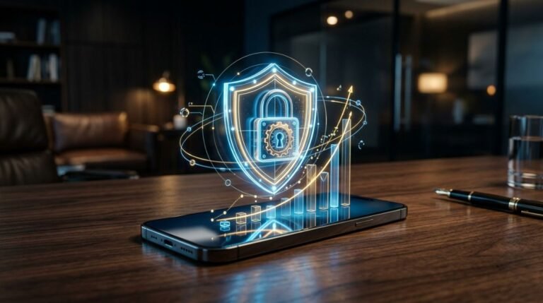 Representación de seguridad digital con un candado holográfico y un escudo protegiendo cuentas financieras en un teléfono móvil.