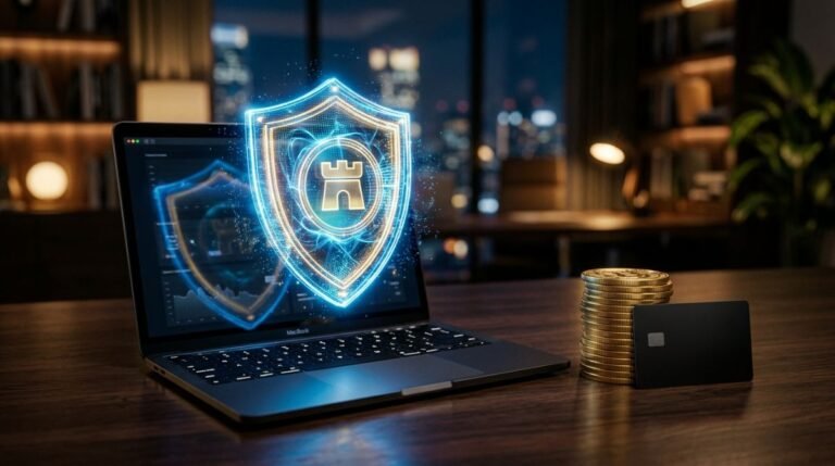 Laptop mostrando un escudo digital holografico brillante y monedas sobre un escritorio, representando la seguridad financiera y proteccion de datos con VPN