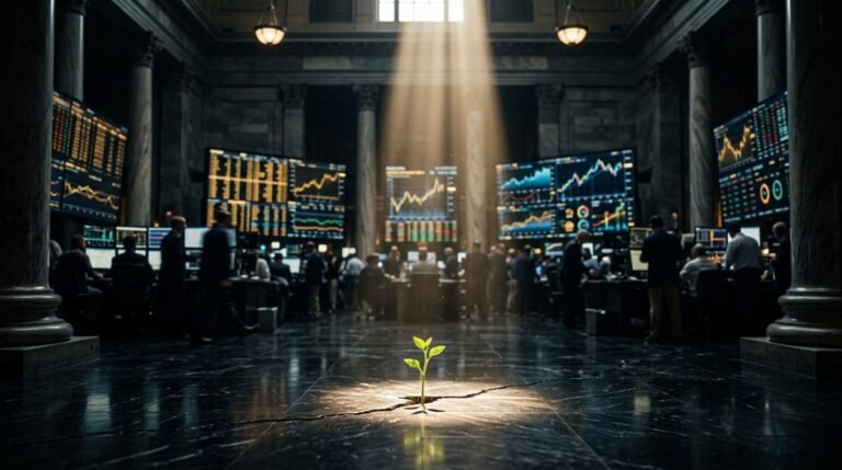 Brote verde creciendo en el suelo de mármol de una lujosa oficina financiera de Wall Street, representando la simplicidad y los fondos indexados frente a la complejidad del mercado financiero.