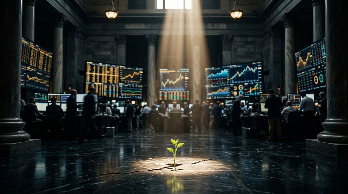 Brote verde creciendo en el suelo de mármol de una lujosa oficina financiera de Wall Street, representando la simplicidad y los fondos indexados frente a la complejidad del mercado financiero.