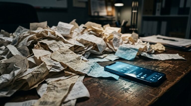 Pila de recibos de papel térmico arrugados sobre un escritorio de madera iluminados por la pantalla de un teléfono móvil