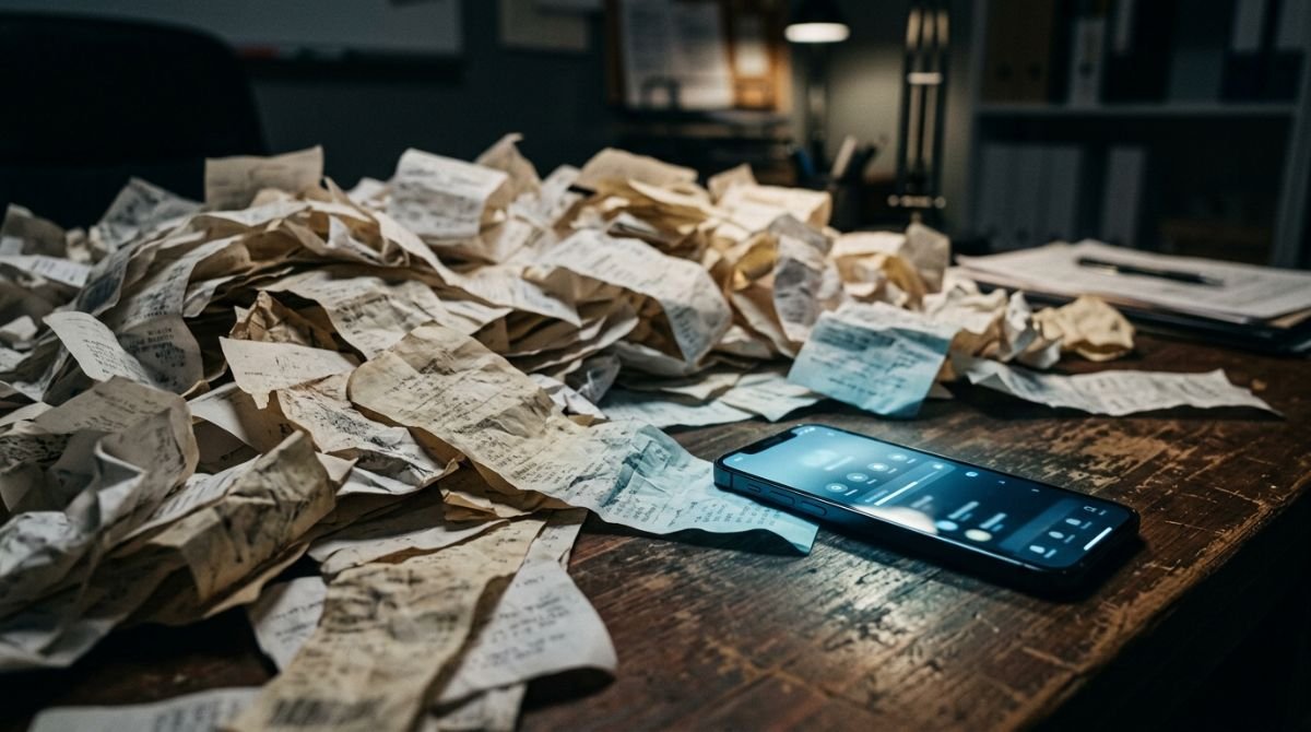 Pila de recibos de papel térmico arrugados sobre un escritorio de madera iluminados por la pantalla de un teléfono móvil