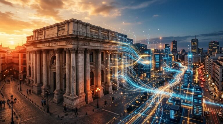 Representación visual del cambio entre la banca tradicional y las redes digitales de préstamos P2P al atardecer.