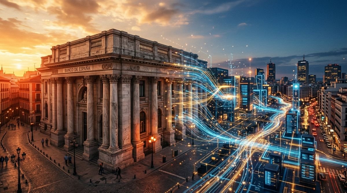 Representación visual del cambio entre la banca tradicional y las redes digitales de préstamos P2P al atardecer.