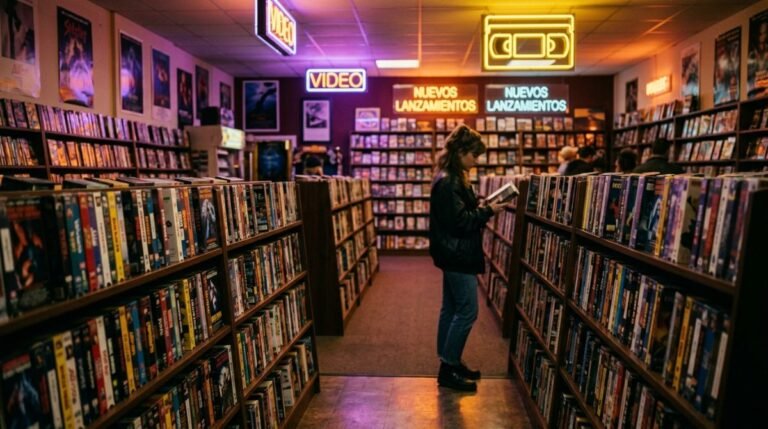 Interior nostalgico de un videoclub de los anos 90 con estanterias llenas de cintas VHS iluminadas por neones purpuras y amarillos