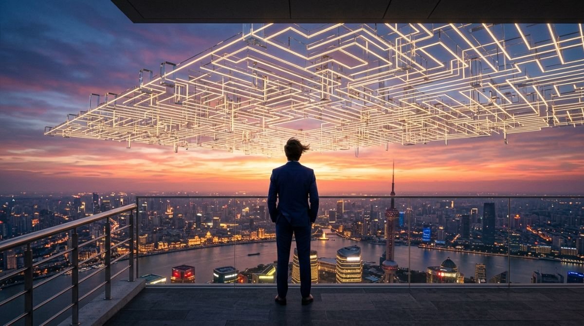 Imagen conceptual de un líder frente a un laberinto de cristal y luz que representa la complejidad de la gestión y el liderazgo moderno.