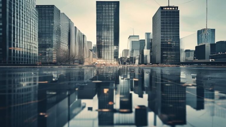 Representación abstracta del colapso financiero en el sector de hipotecas comerciales, simbolizando la crisis inmobiliaria de oficinas.