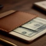 Cartera de cuero con dinero y tarjetas sobre un escritorio de madera, junto a un cuaderno de finanzas.
