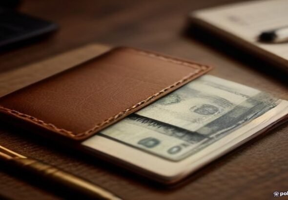 Cartera de cuero con dinero y tarjetas sobre un escritorio de madera, junto a un cuaderno de finanzas.