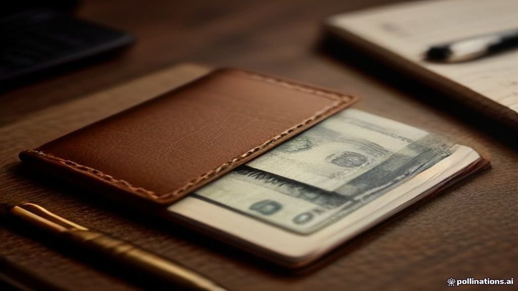Cartera de cuero con dinero y tarjetas sobre un escritorio de madera, junto a un cuaderno de finanzas.