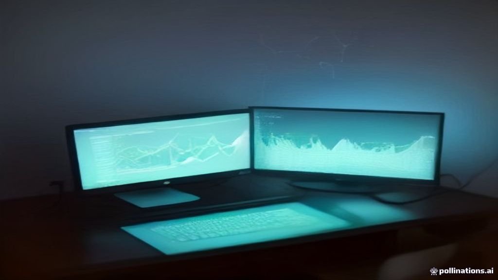 Mesa de trabajo futurista con monitor mostrando gráficos financieros complejos y una proyección holográfica de red neuronal, simbolizando la fusión de tecnología y finanzas.