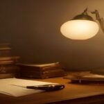 Escritorio ejecutivo clásico de madera oscura con lámpara de banquero, documentos financieros, lupa y pluma estilográfica.
