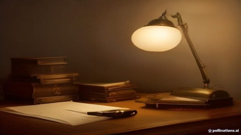 Escritorio ejecutivo clásico de madera oscura con lámpara de banquero, documentos financieros, lupa y pluma estilográfica.